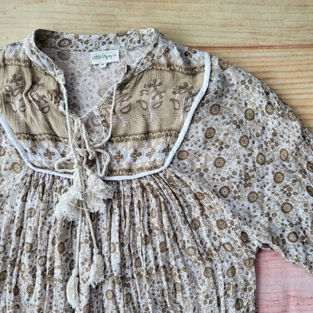 Little Gypsy Co Luna Cream Tan Long Sleeve Floral Boho Midi Dress‎ Size Medium